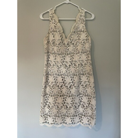 Ann Taylor Cream Lace Overlay Sheath Dress Sleeveless Gray Lining Size 6 Classic - Picture 1 of 7